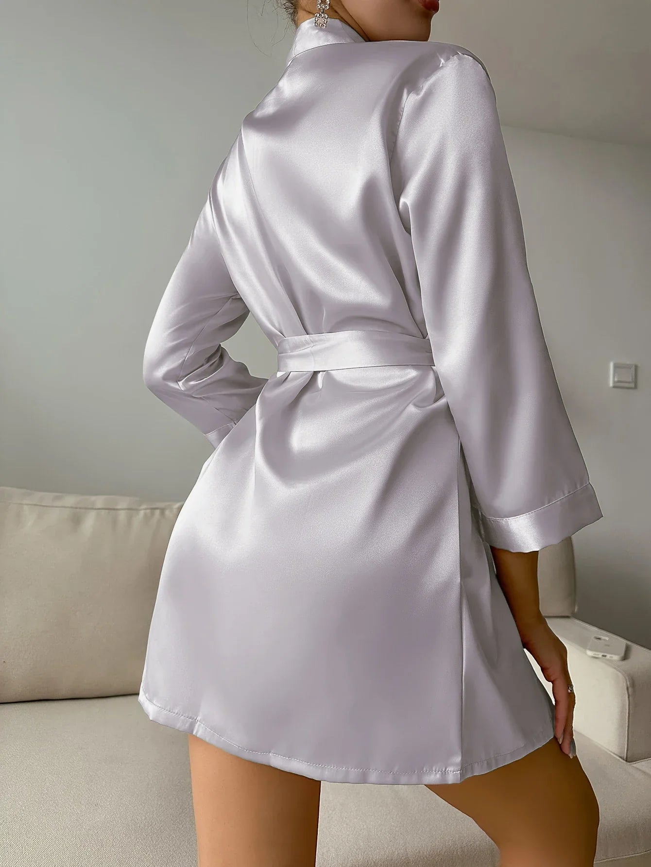 Silk Tie-Waist Short Robe L