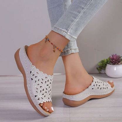 Wedge-Heeled Thick-Soled Casual Hollow Flower Flip-Flops Slipper