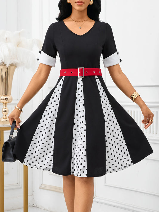 Short Sleeve Vintage 1950s Vintage Polka Dot Flare Skater Swing Dress
