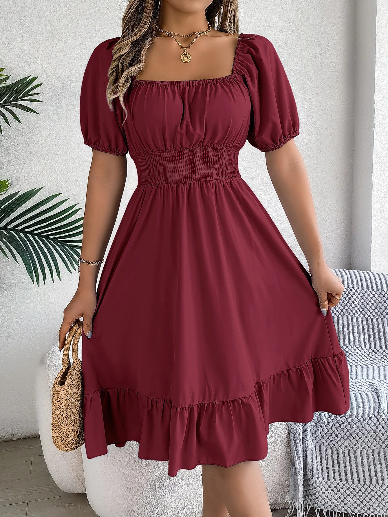Puff Sleeve Square Neck Dress