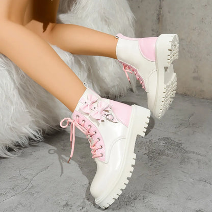 Sweet Pink Bowknot Mix Color Ankle Thick Bottom Lace Up Boots