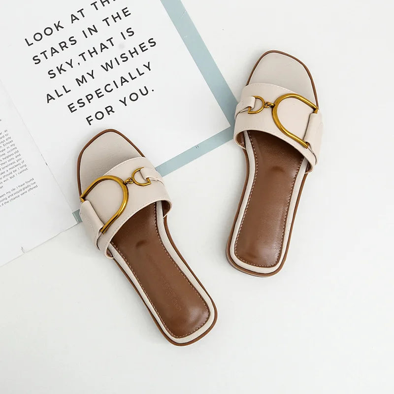 DANA Flat Leather Square Toe Slippers