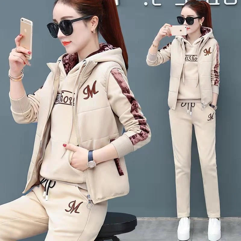 Casual Autumn Winter Thickened Hooded Waistcoat Pants 3 Three Piece Sets