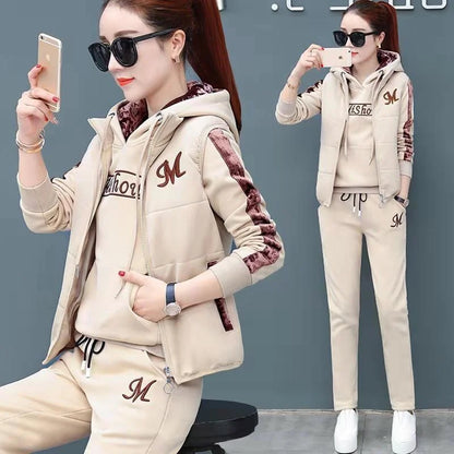 Casual Autumn Winter Thickened Hooded Waistcoat Pants 3 Three Piece Sets