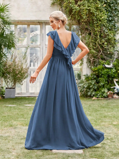 Mgiacy V-neck cap sleeve ruffle lace Extra long evening gown Ball dress