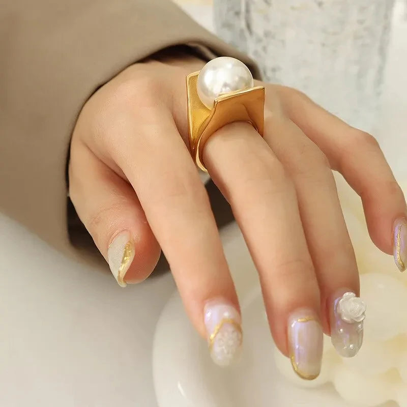 316L Stainless Steel Y Shaped Big Imitation Pearl Rings