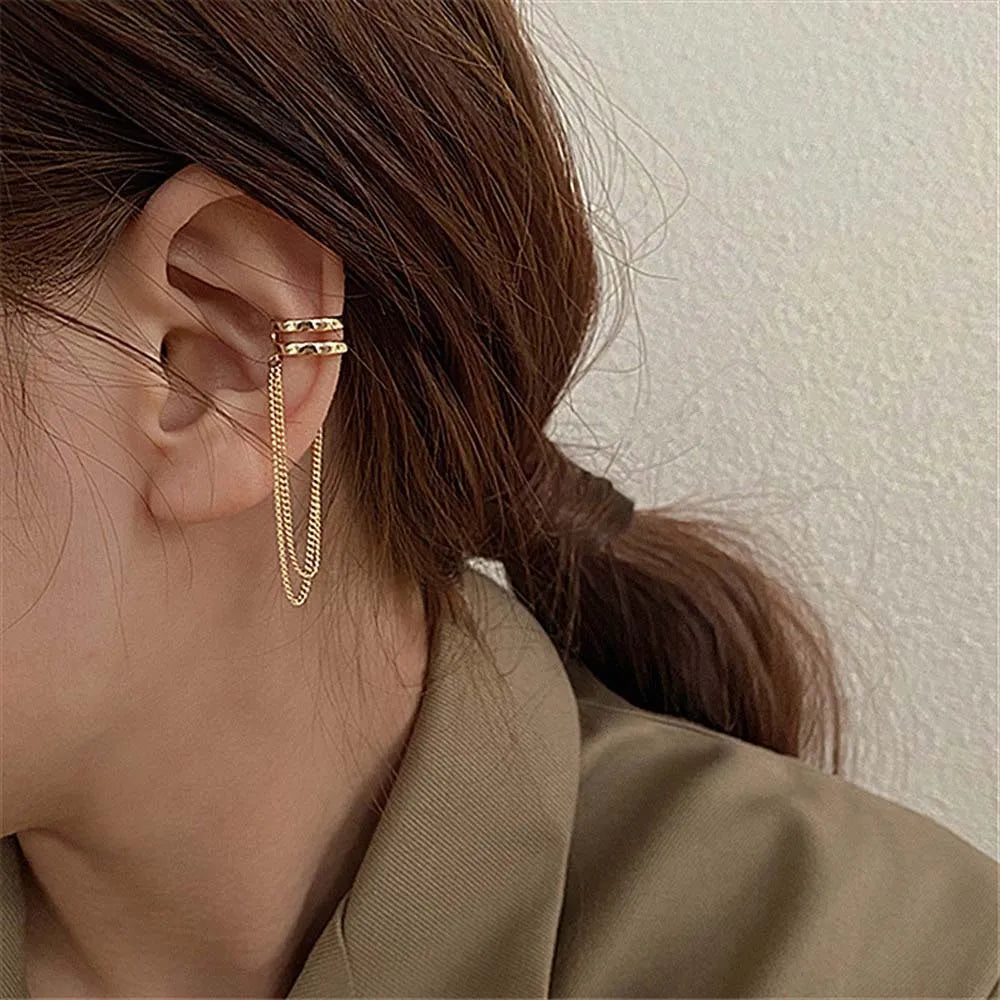 Silver Crystal Tassel Cuff Ear Clip Earring