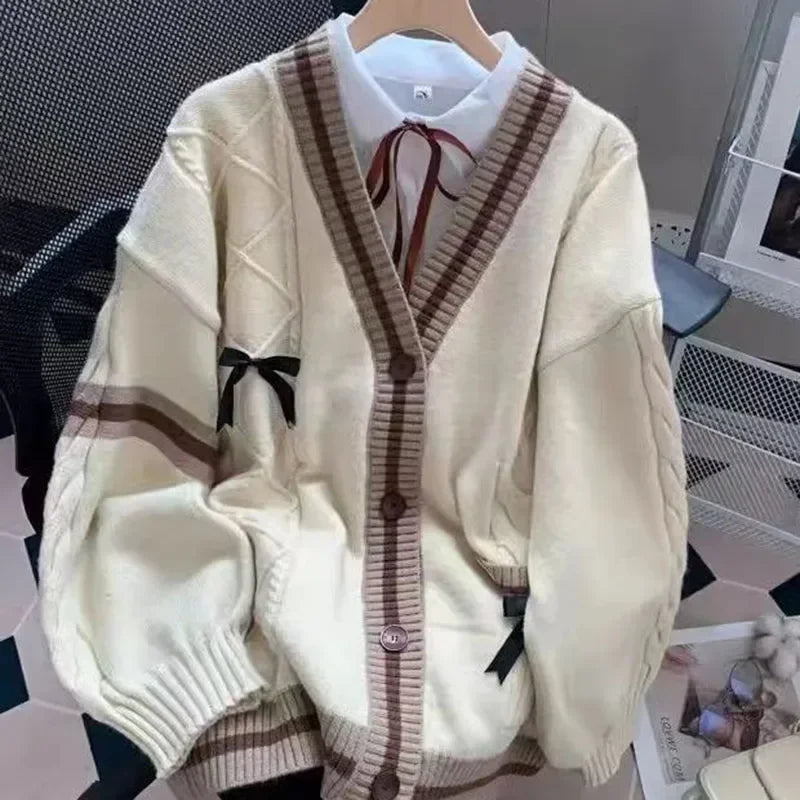 Sweet Bow Cardigans Y2K Aesthetic Contrast Color V-Neck Knitted Cardigan Sweaters Coat