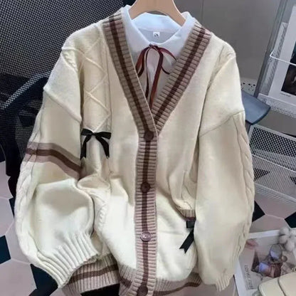 Sweet Bow Cardigans Y2K Aesthetic Contrast Color V-Neck Knitted Cardigan Sweaters Coat