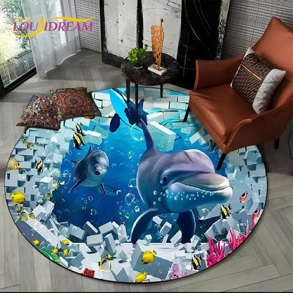 3D Seabed Illusion Underwater World Dolphin Round Area Rug