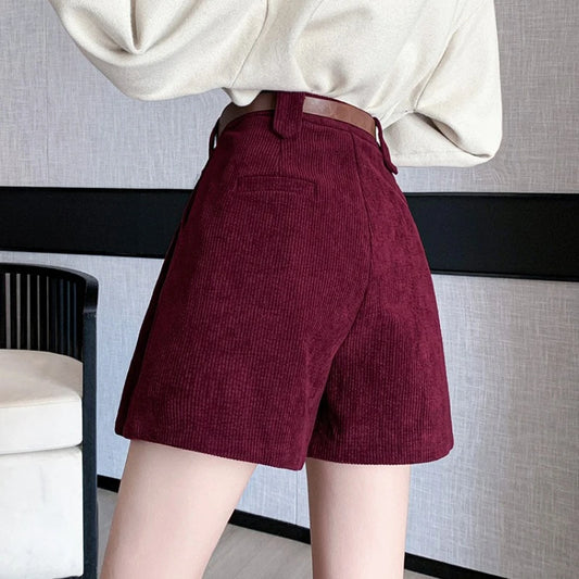 Seoulish Vintage Corduroy High Waist Pockets Pleated Shorts