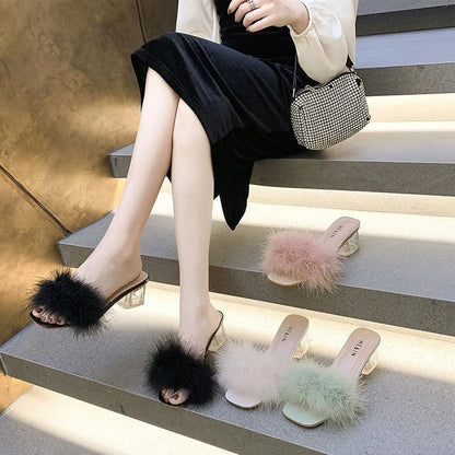 Fox Fur Chunky Flip Flops Sexy Home Slipper