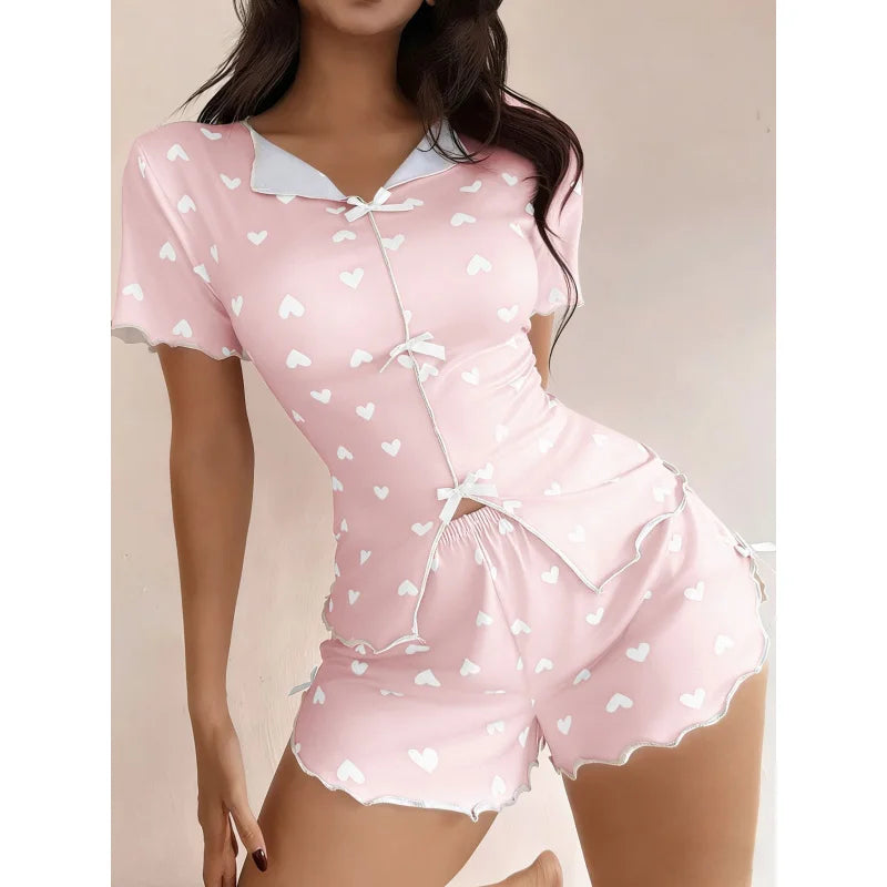 Love Printed Collar Short Sleeve Bow Slim Fit Pajamas