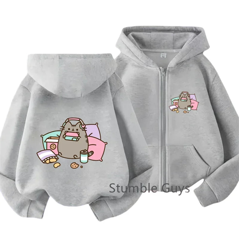 Cozy Pusheen Cat With Headphones Snacks Hoodie Long Sleeve Lovely Cartoon