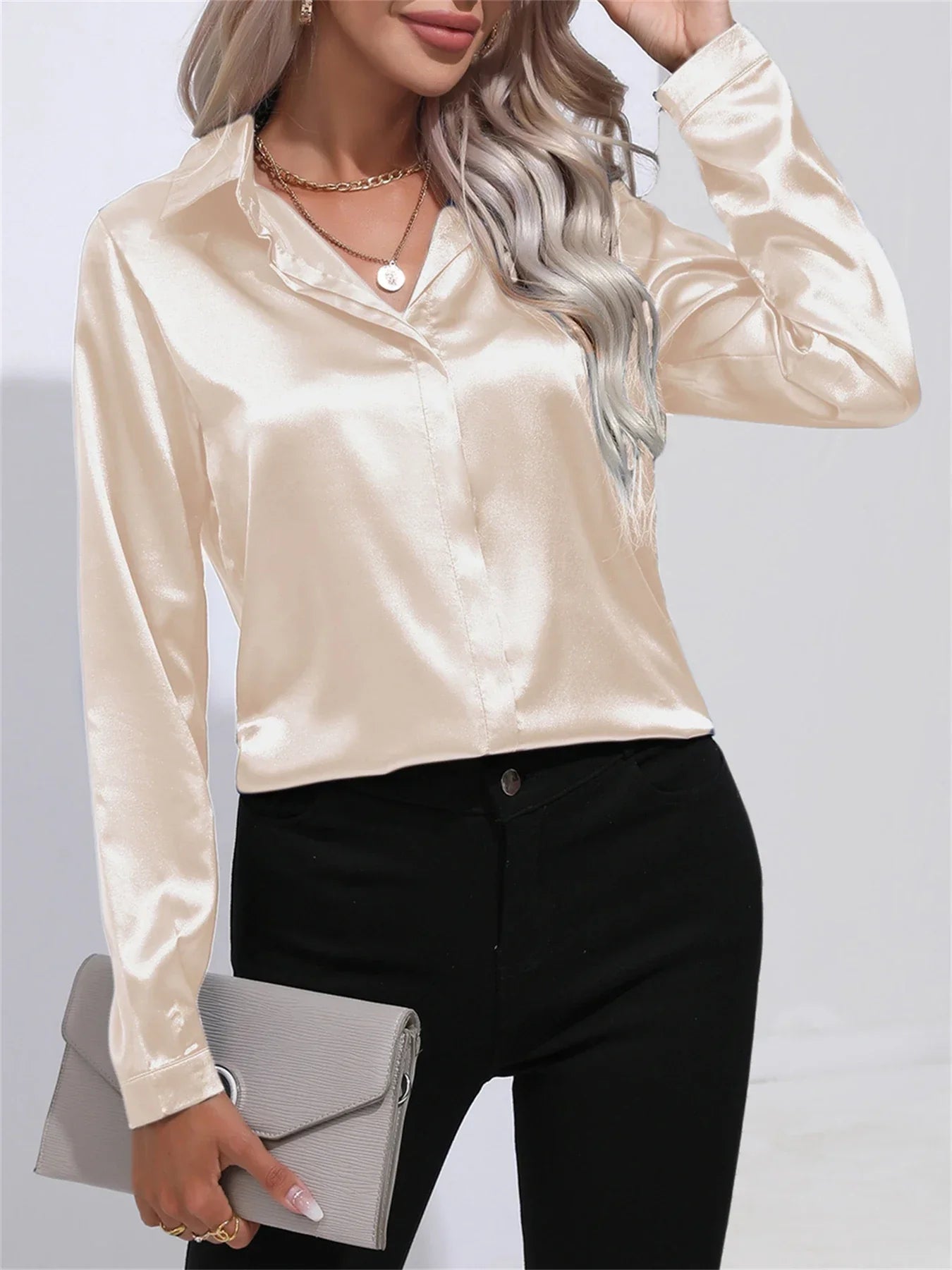 Elegant Turn-Down Collar Satin Long Sleeve Blouse
