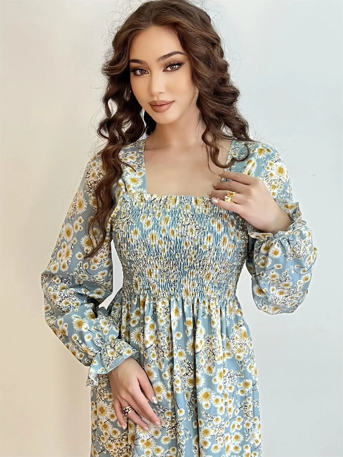 Long Sleeve Casual Chiffon Floral Elastic Chest Lace Up Midi Dress