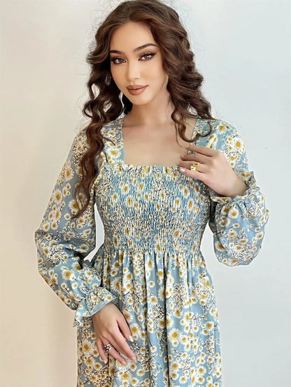 Long Sleeve Casual Chiffon Floral Elastic Chest Lace Up Midi Dress