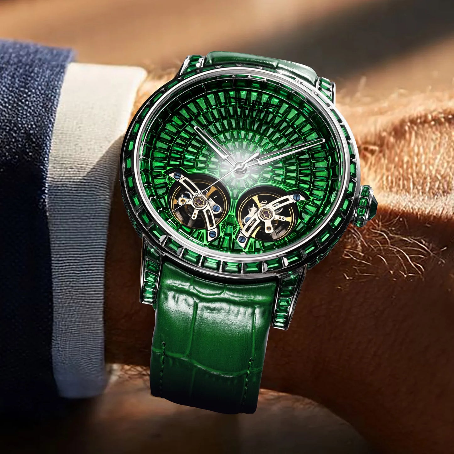 Diamond Mechanical Top Luxury Double Flying Wheel Waterproof Watch Leather