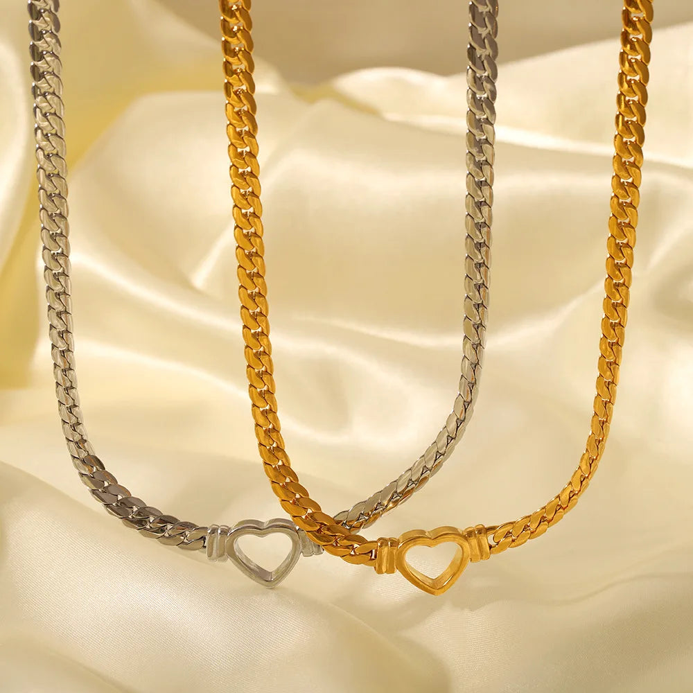 Stainless Steel Solid Gold Pvd Plated Chunky Thick Chain Hollow Heart Choker Necklace
