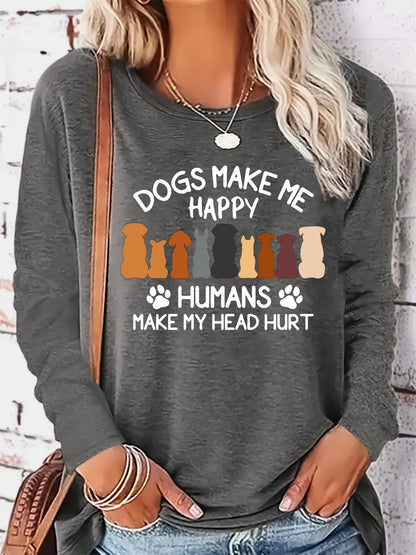 100% Pure Cotton Loose Letter Dog Print Round Neck Long Sleeved T-Shirt