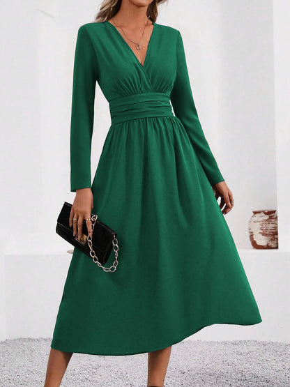 Elegant V-Neck Long Sleeve with Waist Shirring Bodycon Long Maxi Dress