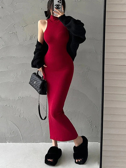 Red Skinny Sexy Midi Dress