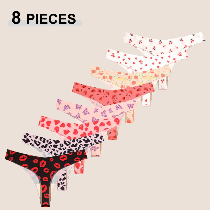 8Pcs/Set Traceless Ice Silk Low Waist Sexy Butterfly Leopard Print Lingerie