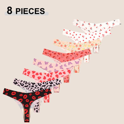 8Pcs/Set Traceless Ice Silk Low Waist Sexy Butterfly Leopard Print Lingerie