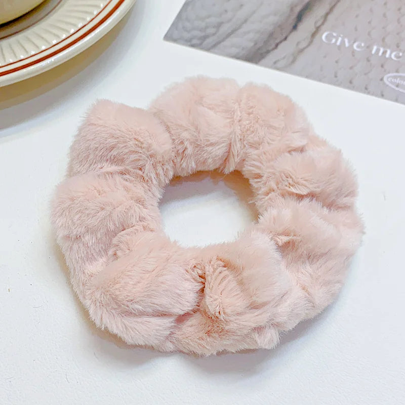 Solid Soft Plush Wide Hair Band Ponytail Holder Hair Tie Fluffy Rubber Band