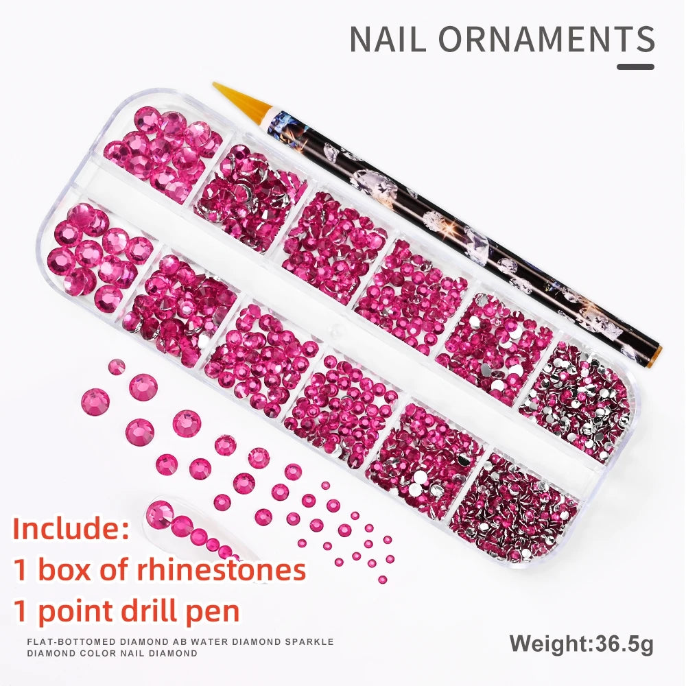 12Gird 3D Glass AB Crystal Nail Art Rhinestones Kit