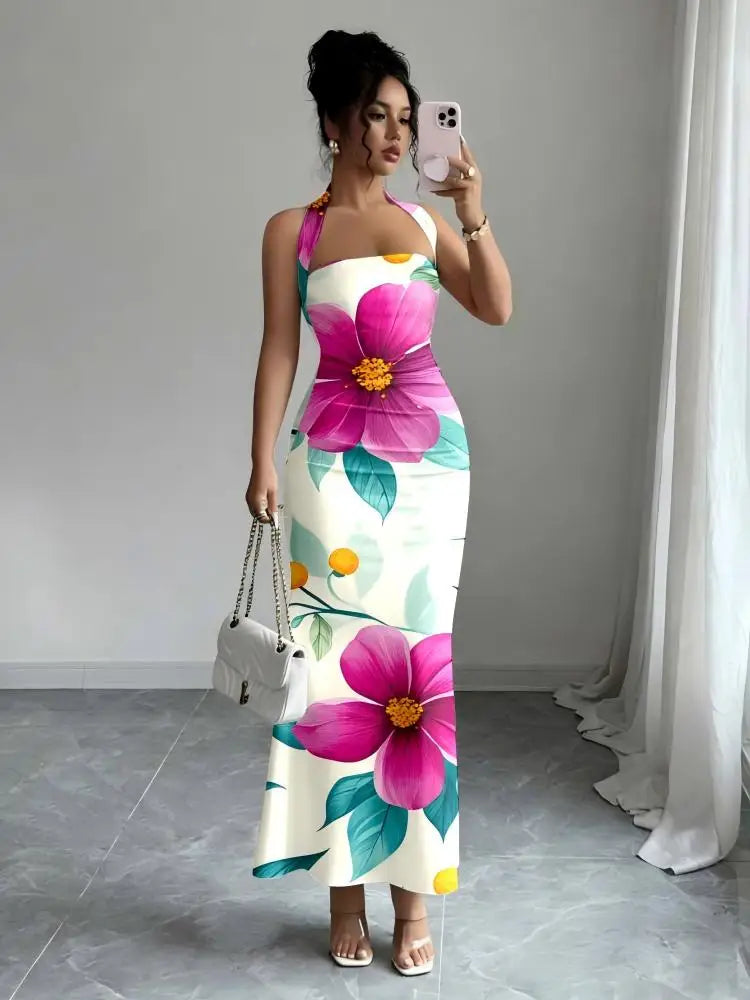 Hip-Hugging Sleeveless Long Collar Flowing Dress