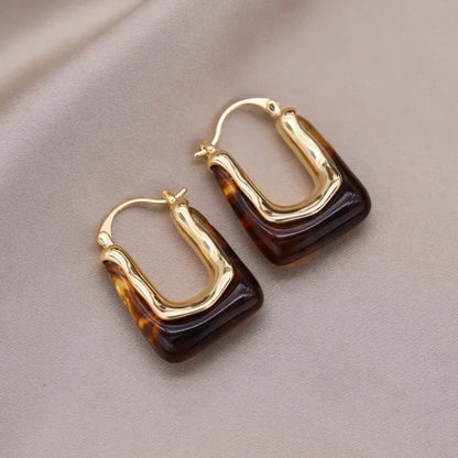 Korean design 14K gold plated round amber resin earrings