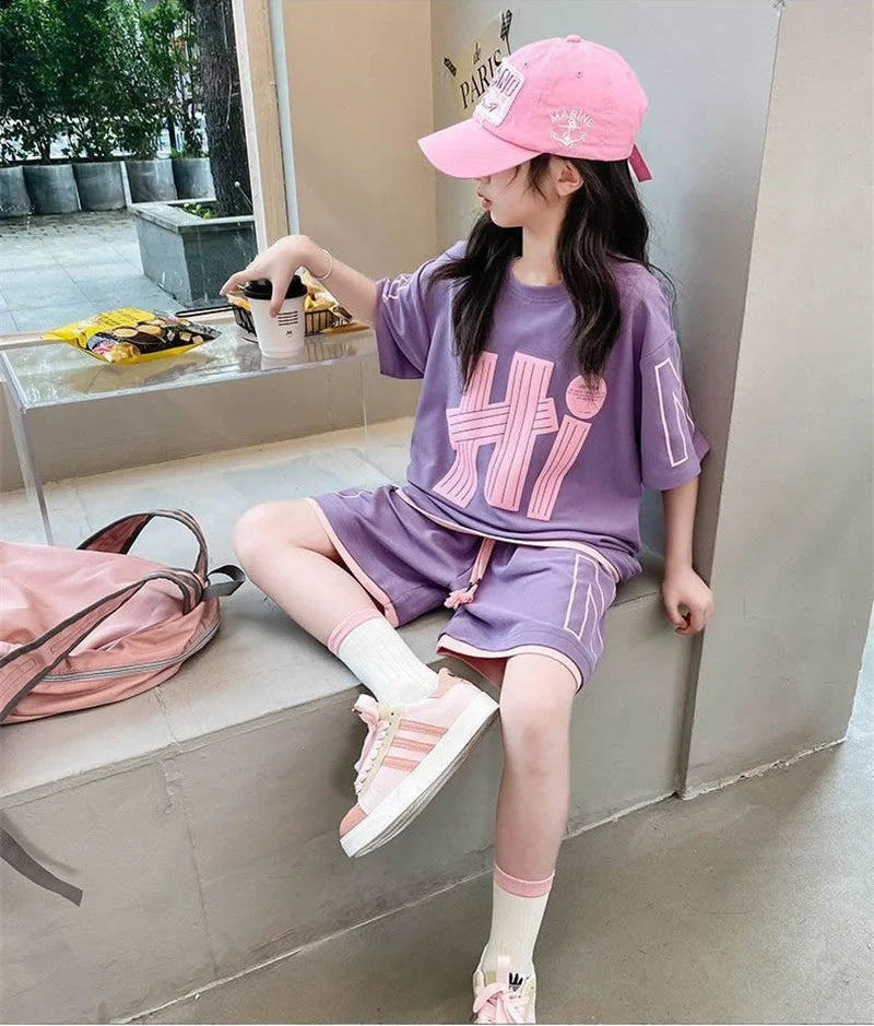 Short Sleeve Teen Loose Casual Letter Print Outfits Set