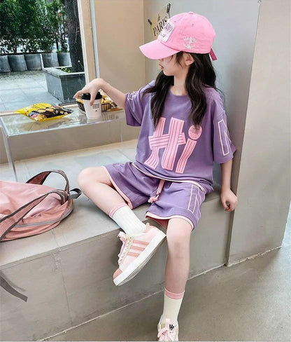 Short Sleeve Teen Loose Casual Letter Print Outfits Set