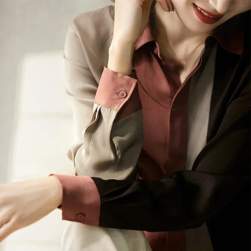 Satin Button Blouse Long Sleeve Polo Collar Shirt