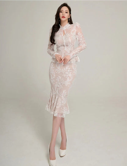 Spring Lace High Waist Mermaid Korean Skirts Suits