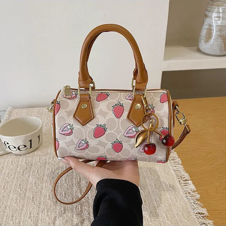 Crossbody Cherry Pattern PU Leather Boston Handbag Shoulder Bags
