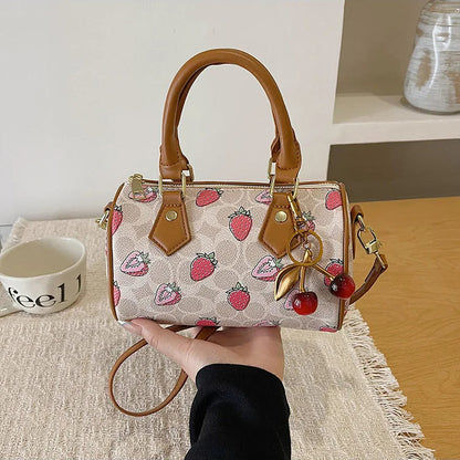 Crossbody Cherry Pattern PU Leather Boston Handbag Shoulder Bags