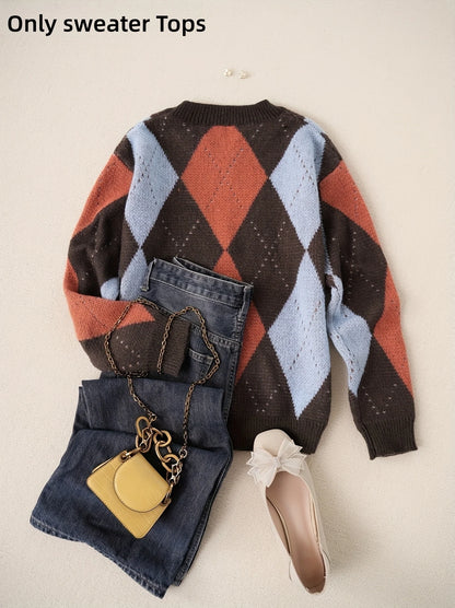 Classic diamond plaid contrast color pullover sweater