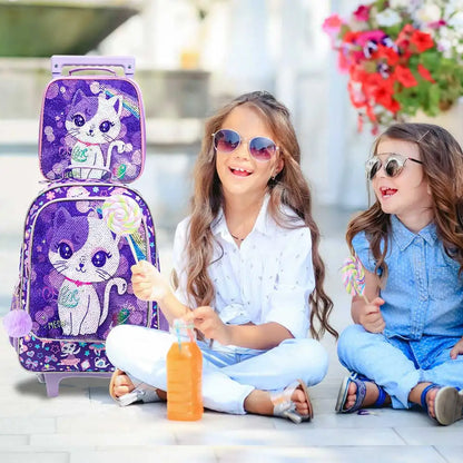 3PCS Rolling Backpack for Girls Kids Roller Wheels Bookbag