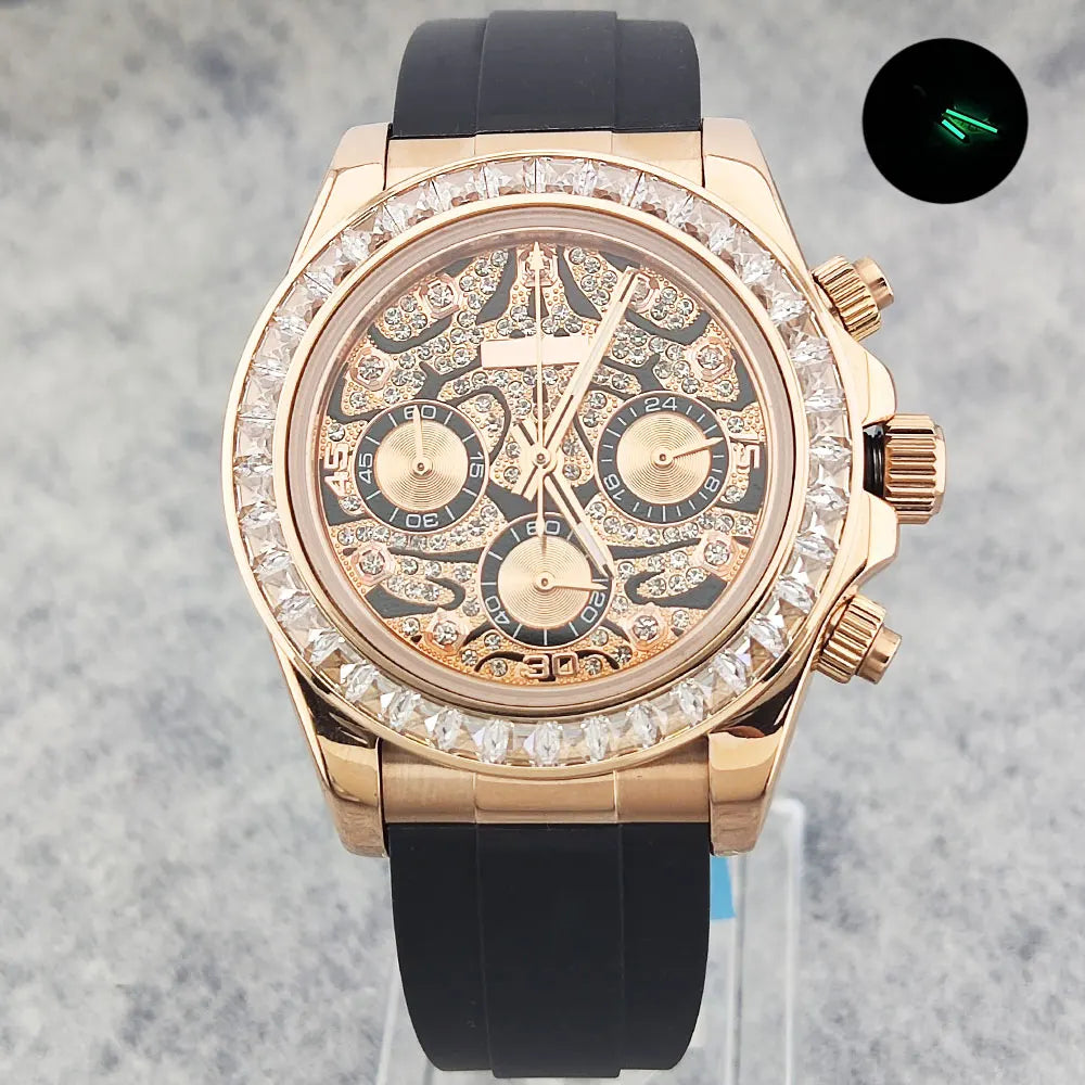 Movement Quartz Chronograph Sapphire Glass Gemstone Dial Luxury Waterproof Wristwatch