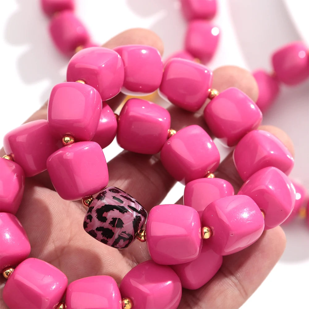 Pink Square Breaded Elastic Resin Geometric Beads Stretch Cuff Bangle Bracelets