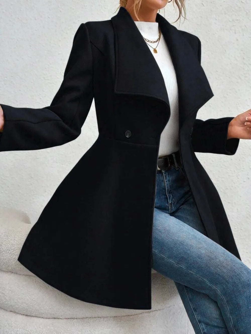 Autumn Winter Notch Lapel Buttoned Slim Fit Woolen Coat