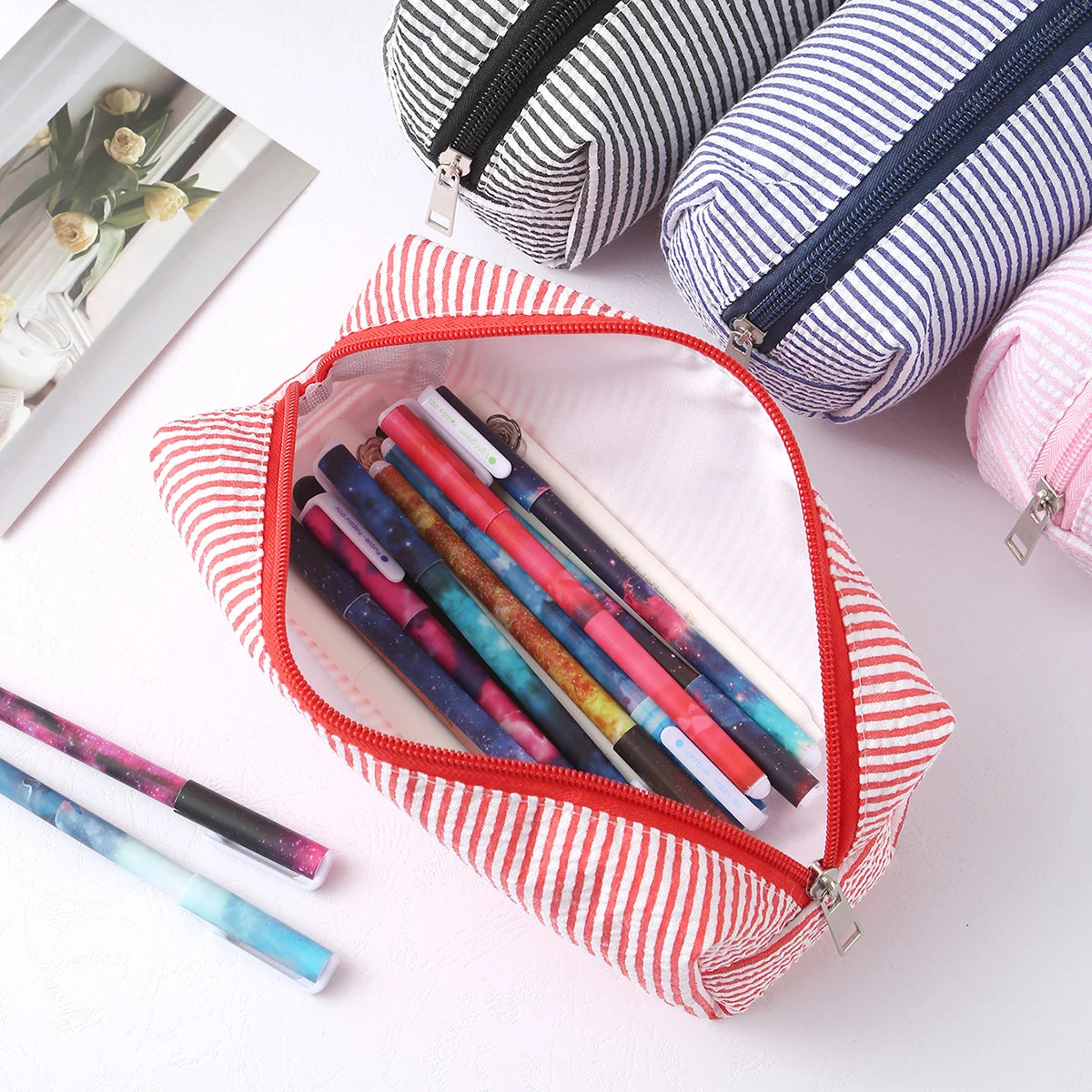 Cute Striped Canvas Pencil Case Small Travel Pouch with Zipper