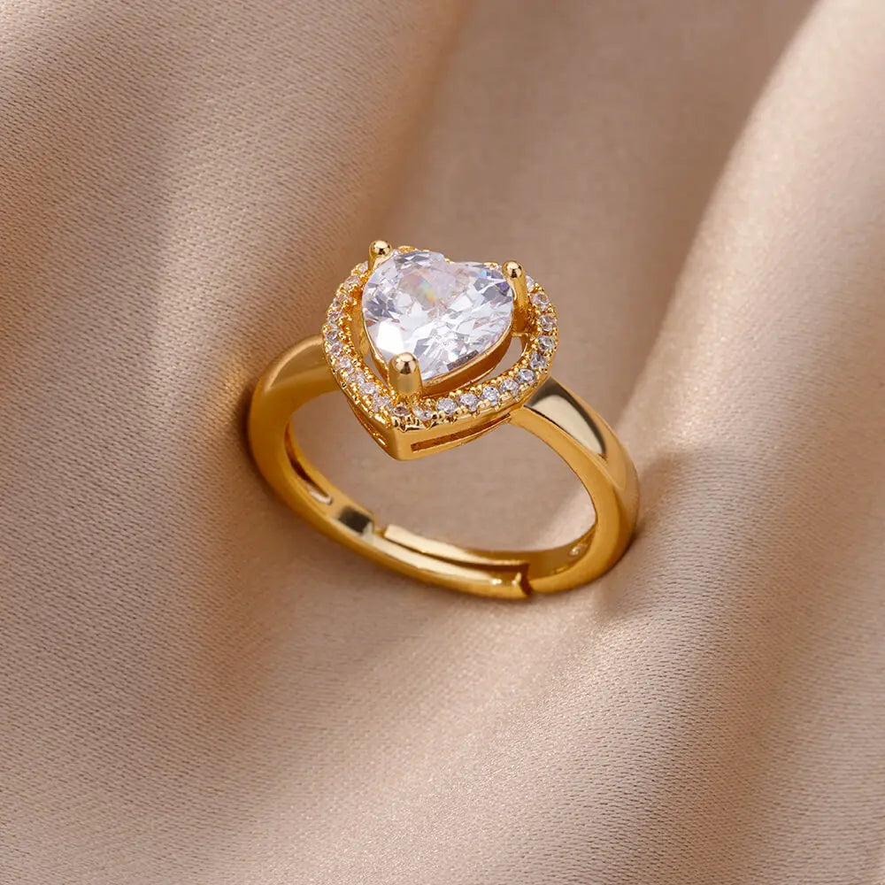 Chain Hollow Out Gold Stainless Steel Zircon Cross Ring