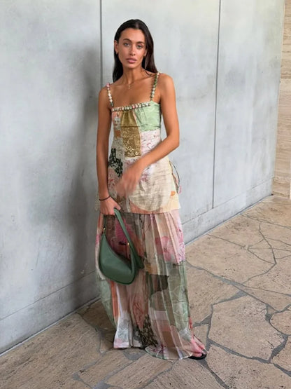 Art Print Beaded Strap Cami & Wide Leg Pants Set