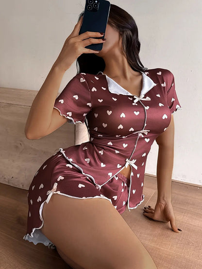 Love Printed Collar Short Sleeve Bow Slim Fit Pajamas