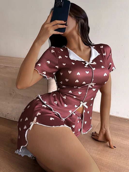 Love Printed Collar Short Sleeve Bow Slim Fit Pajamas
