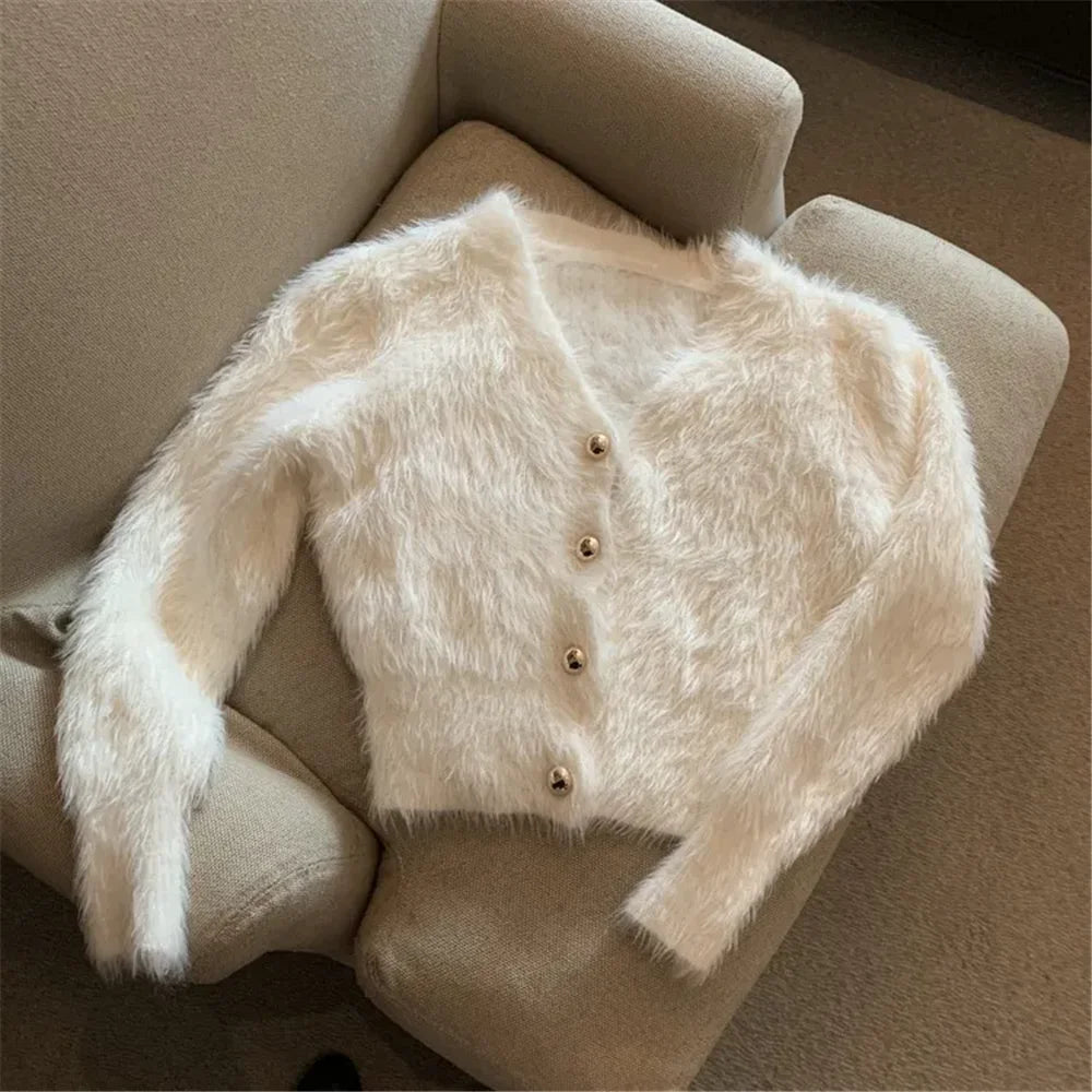 Streetwear Korean Knitwear Solid Slim Jumpers Cropped Mohair Sweater Coat