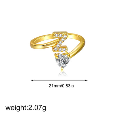 Gold Letter Open Heart Shape Cubic Zirconia  A-Z 26 Letter  Lnitials Rings